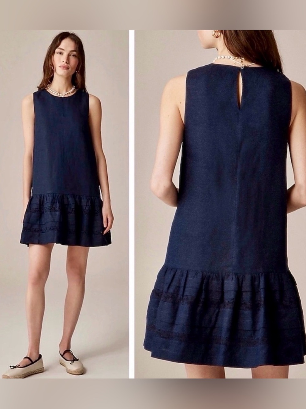 J. Crew Women's Navy Maxine Ruffle-Trim Dress in Linen, Size Large